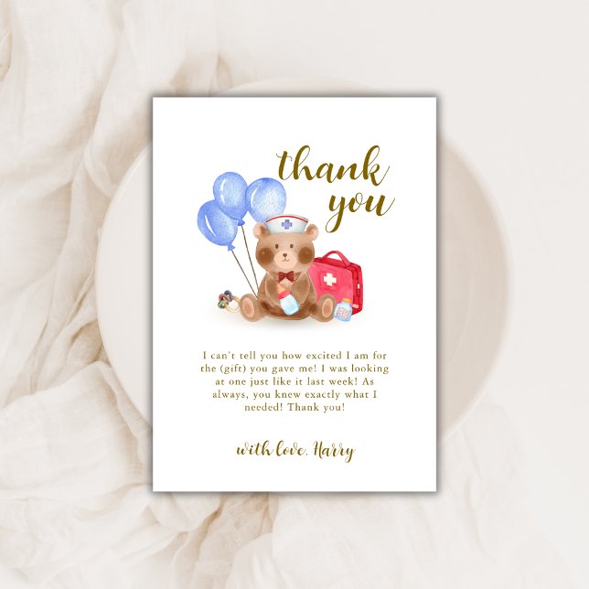 Ballongskuva för spädbarn i Nallen Cute Nurse Dokt Tack Kort (Cute Nurse Doctor Teddy Bear Balloon Baby Shower Thank You Card)