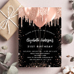 Ballonlyxen ro guld glitter inbjudningar<br><div class="desc">En svart bakgrund. Dekorerad med ro guld,   faux glitter-droppar,  färgdroppstift och ballonger. Anpassa och lägg till uppgifter om namn,  ålder 21 och party. Namn är skrivet med ett handskript i stil</div>