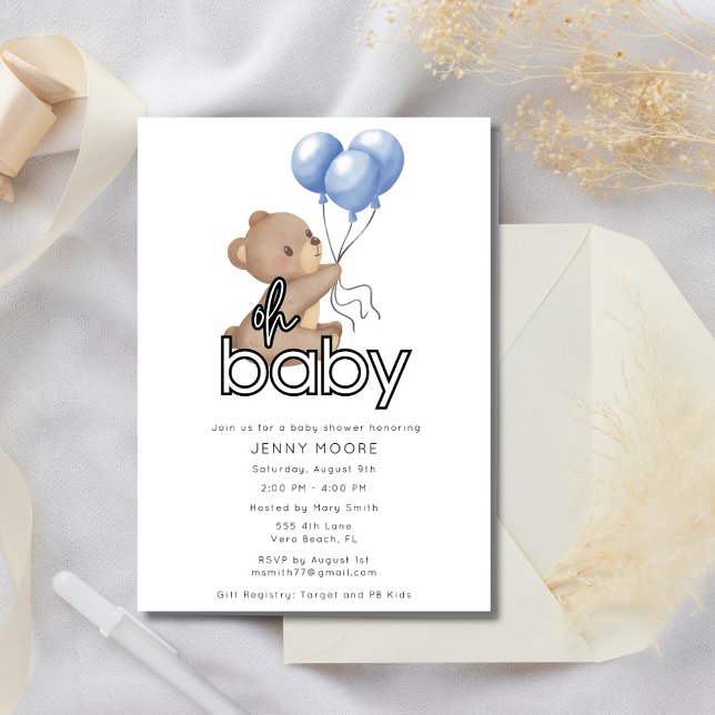 Ballonshuggare för Nalle av maträtter Inbjudningar (Cute Teddy Bear Holding Balloons Baby Shower Invitation)