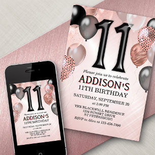 Ballonsinbjudan till 11:e födelsedag Ro Guld Inbjudningar