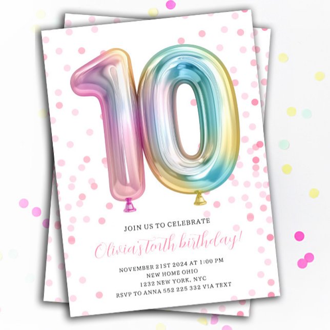 Balloon 10:e födelsedagskalenliga regnbåge i Party Inbjudningar (10th birthday rainbow invitation for girl )