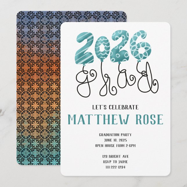 Balloon 2026 Grad Invitation Inbjudningar (Fram/baksida)