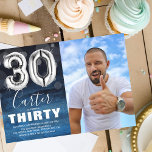 Balloon 30 Birthday Silver | Blue Photo Party Inbjudningar<br><div class="desc">Modern trettionde födelsedagsfest inbjudan designad med ett foto av födelsedagspojken,  en ombre vattenfärgsblå bakgrund,  genomskinlig bubbelkonetti och en stor silver 30 heliumballong. Namn är skrivet i stor kalligrafisk vit text med en enkel födelsedagsmall under vilken det är enkelt att anpassa.</div>