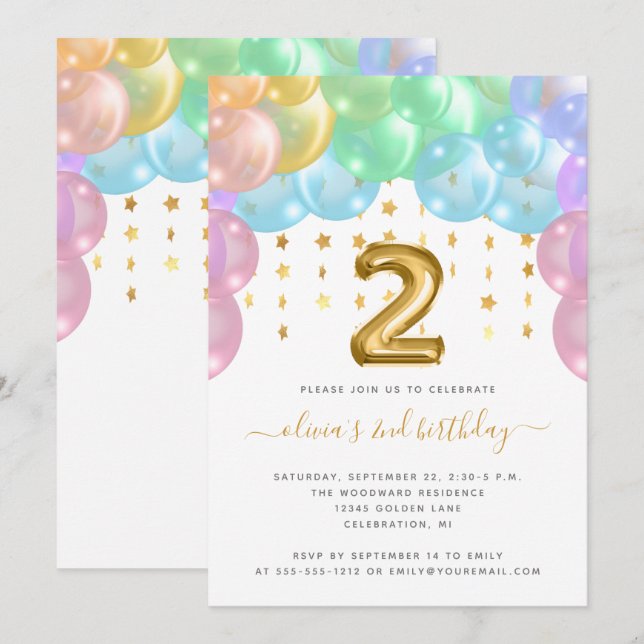 Balloon Arch Rainbow Guld Girls 2:a födelsedagen P Inbjudningar (Fram/baksida)