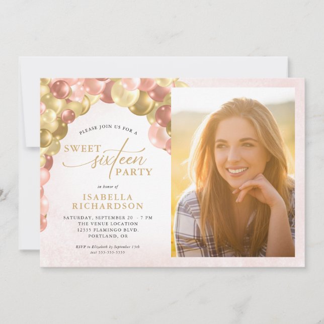 Balloon Arch Rosa & Guld Photo Sweet 16 Party Inbjudningar (Framsida)