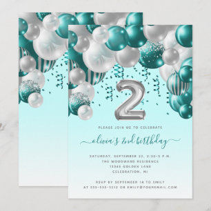 Balloon Arch Teal Silver Girls 2:a födelsedagen Pa Inbjudningar