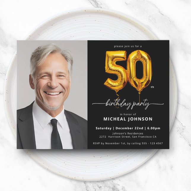 Balloon Black Guld 50:e födelsedagen Inbjudningar (Balloon Black Gold 50th Birthday Invitation
)