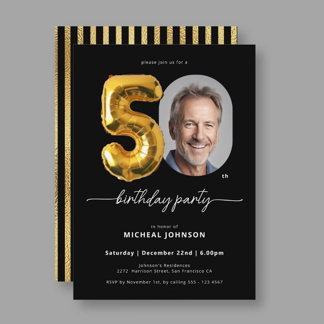 Balloon Black Guld 50:e födelsedagen Inbjudningar (Black Gold Balloon 50th Birthday Invitation)