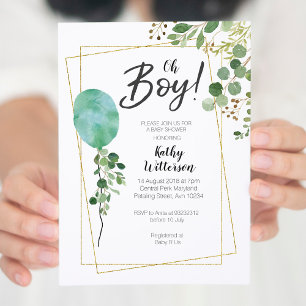 Balloon Boy Watercolor Greenery babydusch Inbjudningar