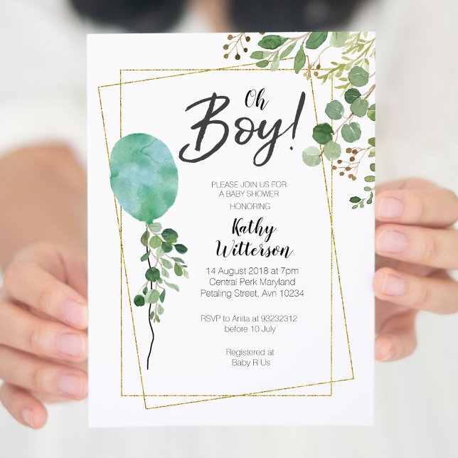 Balloon Boy Watercolor Greenery babydusch Inbjudningar (Skapare uppladdad)