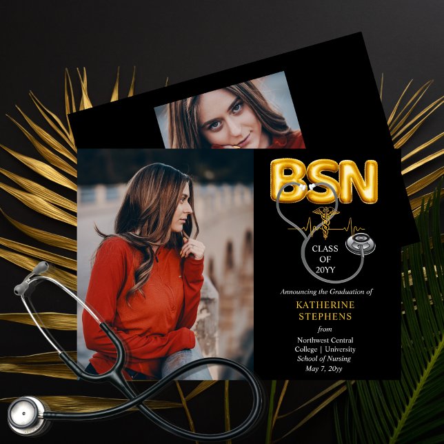 Balloon Brev BSN Caduceus Stethoscope Grad Meddelande (Balloon Letters "BSN" Caduceus Nurse Photo and Stethoscope Graduation Announcement -Print | Download)