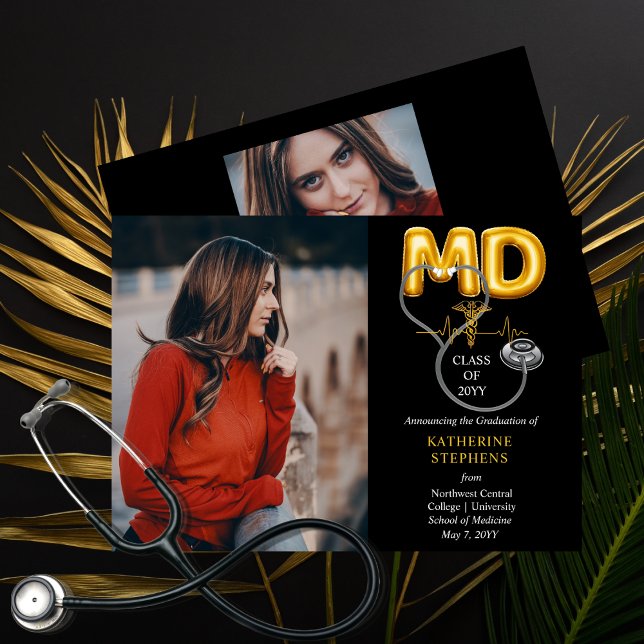 Balloon Brev MD Caduceus Stethoscope Studenten Meddelande (Balloon Letters "MD" Caduceus Stethoscope Doctor | Physician Graduation Announcement Print | Digital)