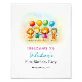 Balloon Buddies Bash Boy 1st Birthday Party Sign Fototryck