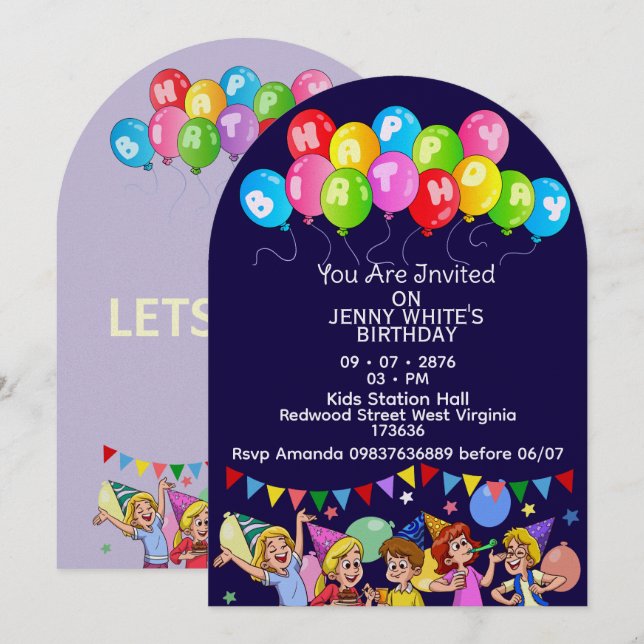 Balloon Kids Birthday Invitation Inbjudningar (Fram/baksida)