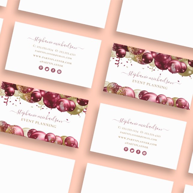 Balloon Party Planner Burgundy Guld Visitkort (Party Planner Burgundy Gold Balloon Business Card)