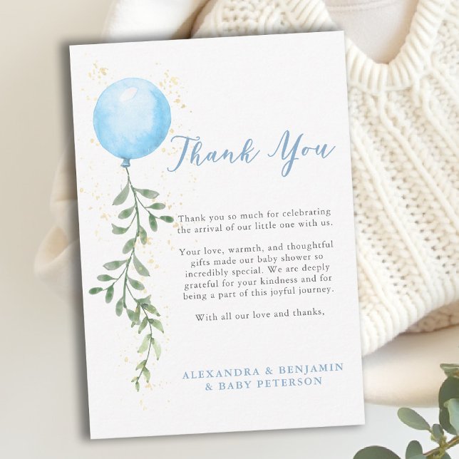 Balloon Soft Greenery Dusty Blue Boy Baby Shower Tack Kort (baby shower thank you card blue balloon watercolor boy greenery soft botanical calligraphy)