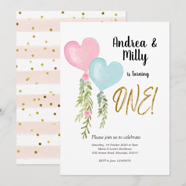 Balloon Twin Boy and Girl Birthday-inbjudan Inbjudningar (Fram/baksida)