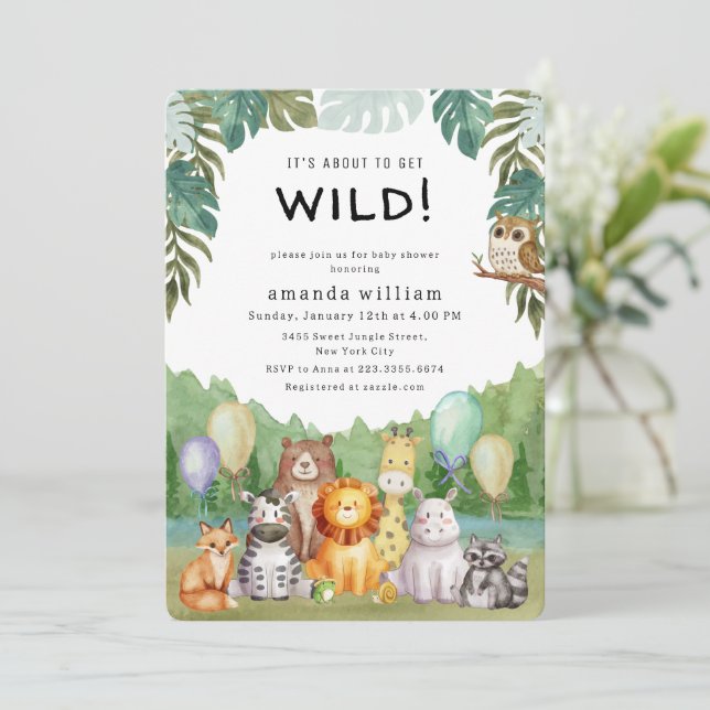 Balloon Wildlife Forest Sarafi Animals Baby Shower Inbjudningar (Stående Fram)