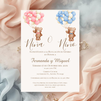 Balloons and Bear Gender Reveal Party Invitation Inbjudningar