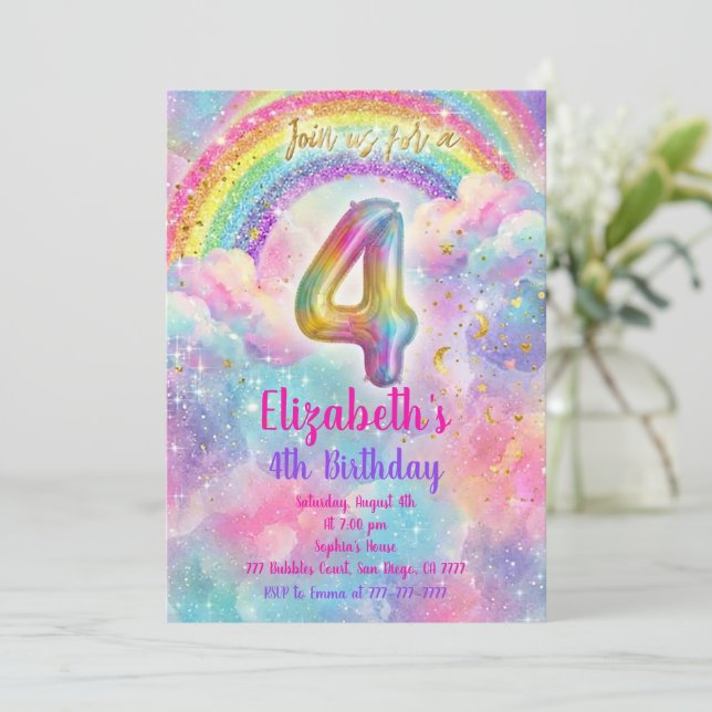 Balloons Birthday 4th Birthday  Inbjudningar (Stående Fram)