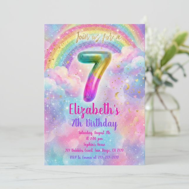 Balloons Birthday 7th Birthday  Inbjudningar (Stående Fram)