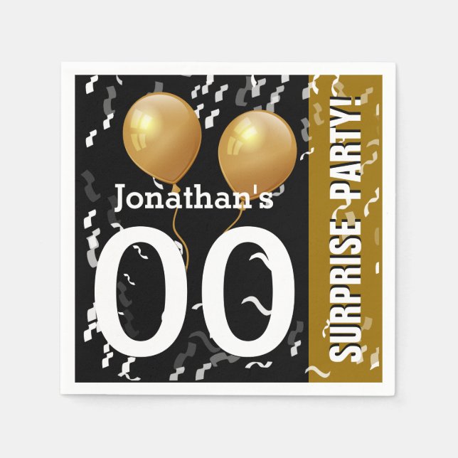 Balloons Confetti Surprise Birthday B02 BLACK GULD Pappersservett (Framsidan)
