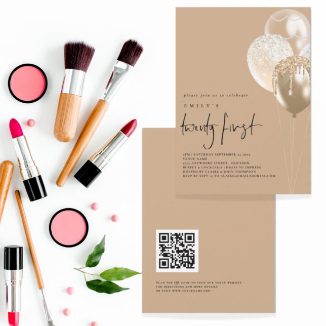 Balloons Guld Elfenbenskusten QR-kod 21:a födelsed Inbjudningar (Skapare uppladdad)