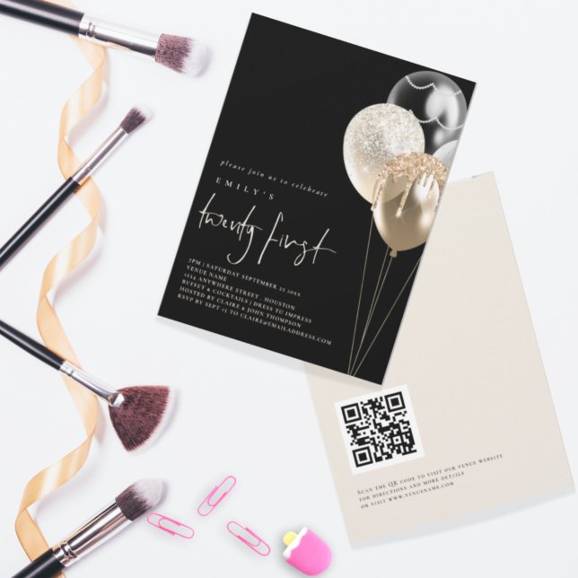 Balloons Guld Ivory QR-kod 21:a Party Black Inbjudningar (Skapare uppladdad)