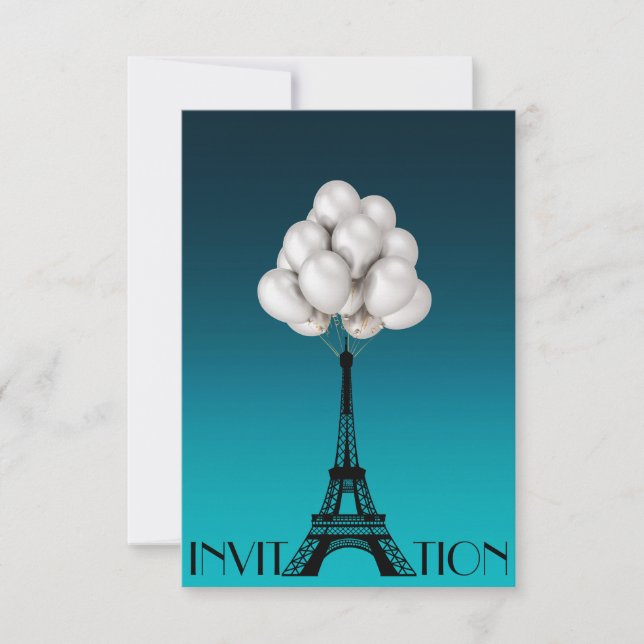 Balloons Paris Eiffel Torn Glam Chic Aquatic Inbjudningar (Framsida)