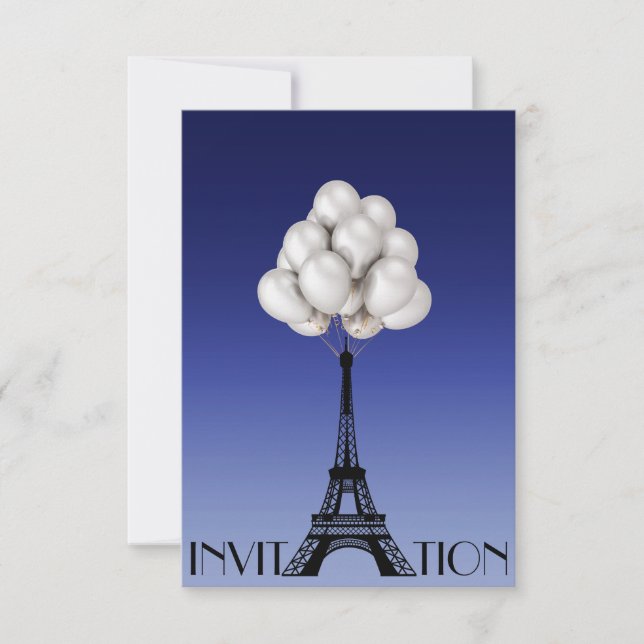 Balloons Paris Eiffel Torn Glam Chic Blue Inbjudningar (Framsida)