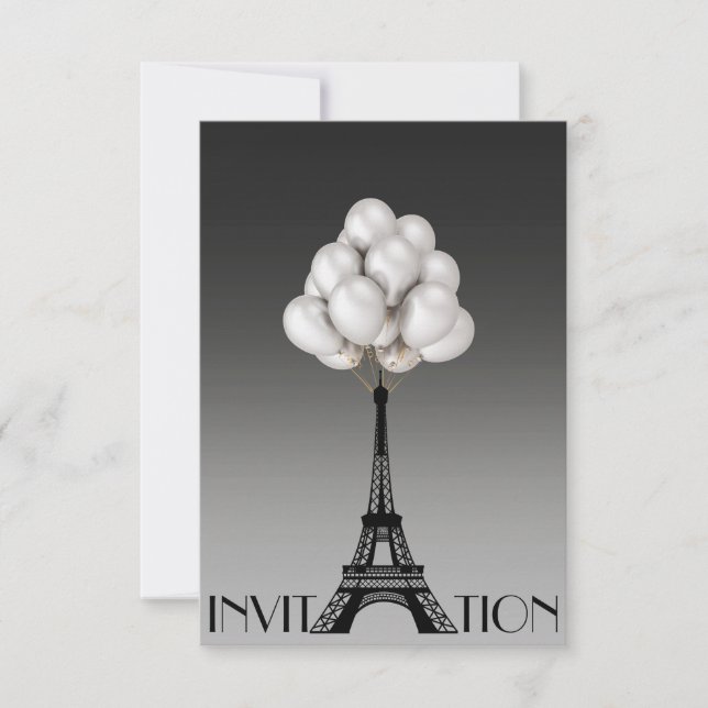 Balloons Paris Eiffel Torn Glam Chic Grått Inbjudningar (Framsida)