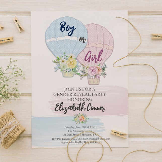 Baloons för Hett av vattenfärg för gender - visa i Inbjudningar (Gender Reveal Watercolor Hot Baloons Invitation)