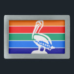 Bälte Buckle<br><div class="desc">Bälte Buckle med en konstruktion med flagga Sankt Petersburg i Florida. En flagga med orange,  rött,  grönt,  blått och marint blått rand med en symbol för vit pelikan</div>