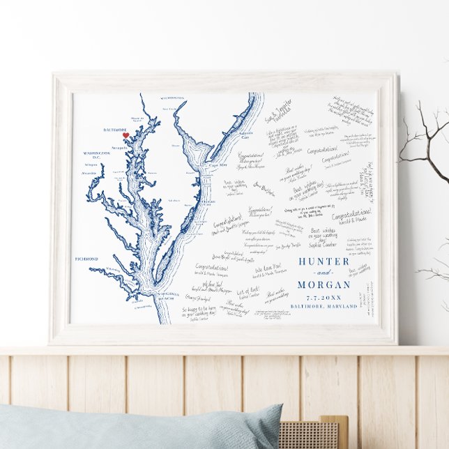 Baltimore Bröllop Elegant Karta Guest Bok Poster (Baltimore Maryland Map weddign guest book poster  w/navy blue Chesapeake Bay by Coastal Map Designs)