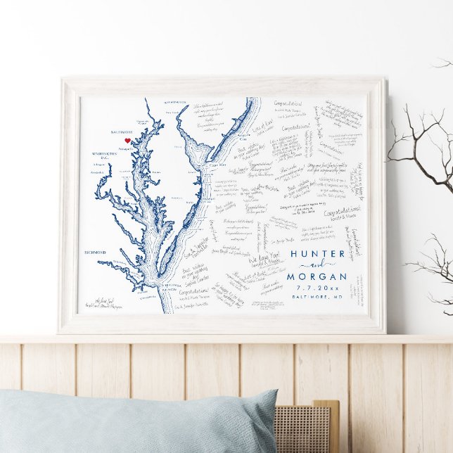 Baltimore Bröllop Modern Karta Guest Bok Poster (This Baltimore map alternative guest book poster is perfect for your Maryland destination wedding)