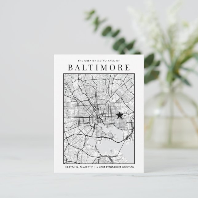 Baltimore City Karta + Location Marker Vykort (Stående Fram)