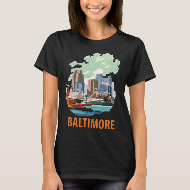 Baltimore Harbor Skyline Blå Resa T Shirt (Framsida)