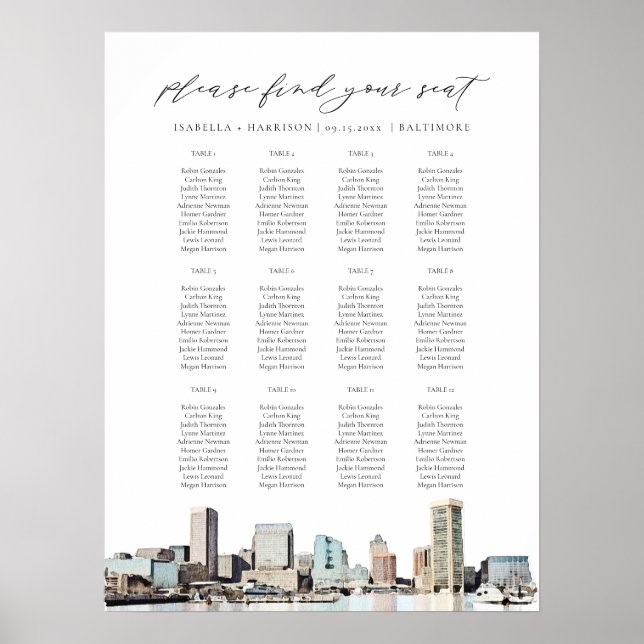 BALTIMORE målat Skyline Bröllop-sätesdiagram Poster (Framsidan)