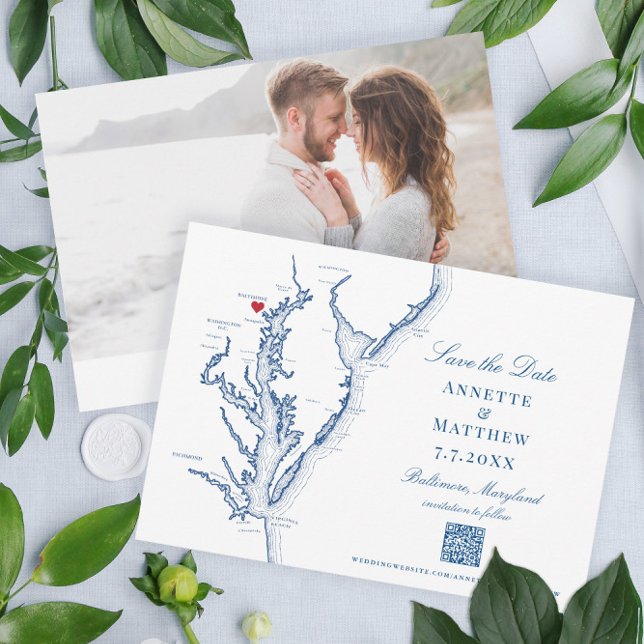 Baltimore Maryland Bröllop Elegant Navy QR-kod Spara Datumet (These Baltimore Maryland Save the Dates are perfect for your Chesapeake Bay destination wedding)