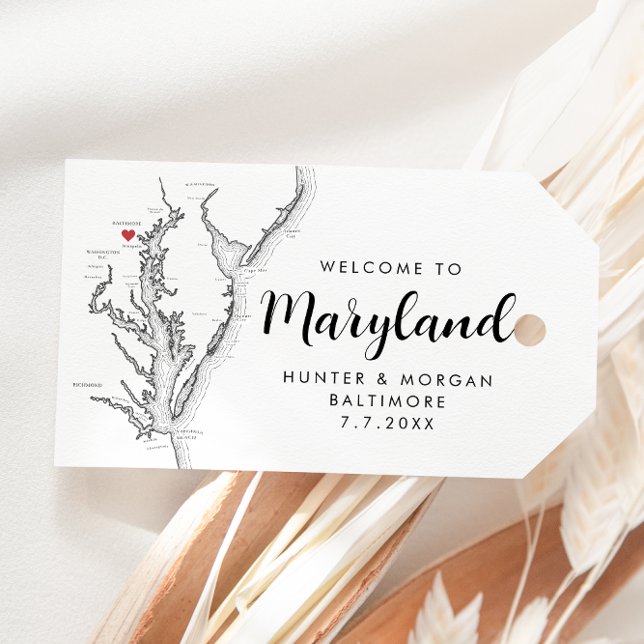 Baltimore Maryland Bröllop Welcome Black and White Presentetikett (Baltimore Wedding Favor Gift Tag in Modern Black and White from Coastal Map Designs)