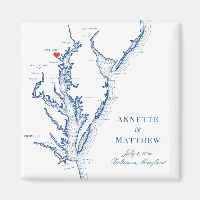 Baltimore Maryland Chesapeake Bay Karta Bröllop Magnet (Framsidan)