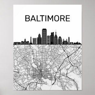Baltimore Maryland City Skyline med Karta Poster