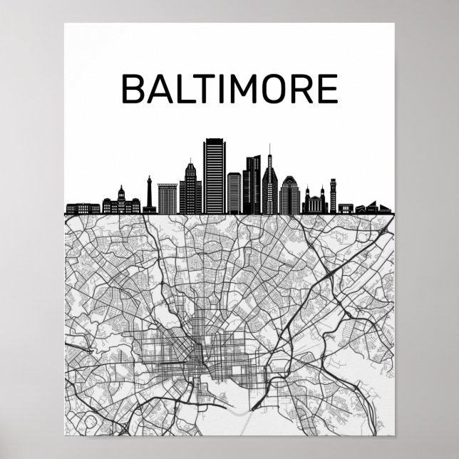 Baltimore Maryland City Skyline med Karta Poster (Framsidan)