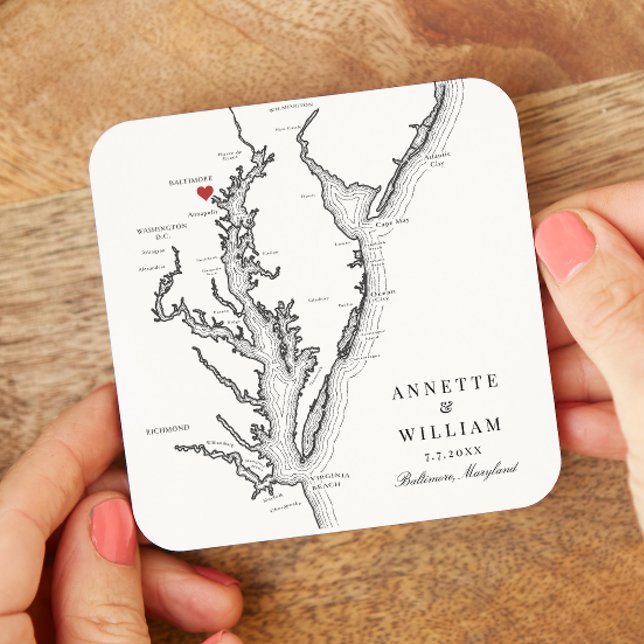 Baltimore Maryland Elegant Black White Bröllop Underlägg Papper Kvadrat (Personalized Baltimore MD Map Drink Coasters for an elegant black and white Maryland wedding)