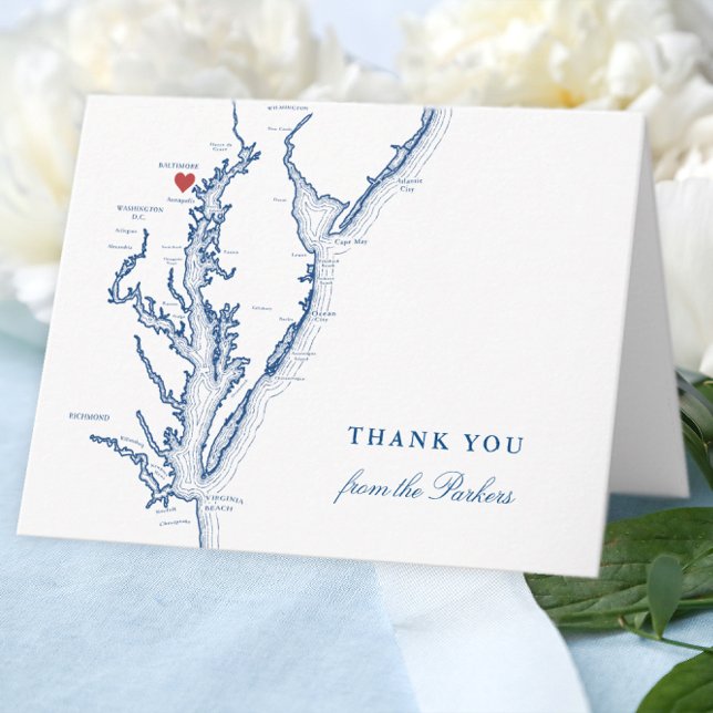 Baltimore Maryland Navy Blue Map personlig Tack Kort (Baltimore Personalized Wedding thank you card in elegant navy blue from Coastal Map Designs)