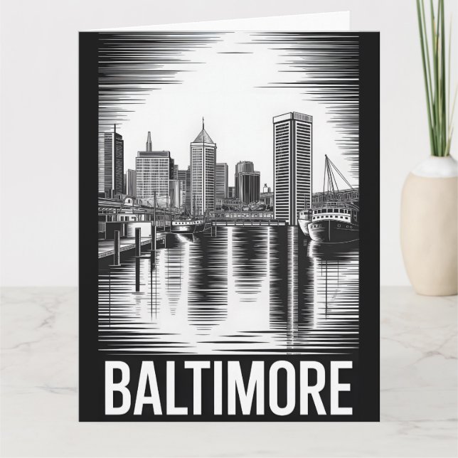 Baltimore Maryland Siluett Svart Vitt Träsnitt Kort (Framsida)