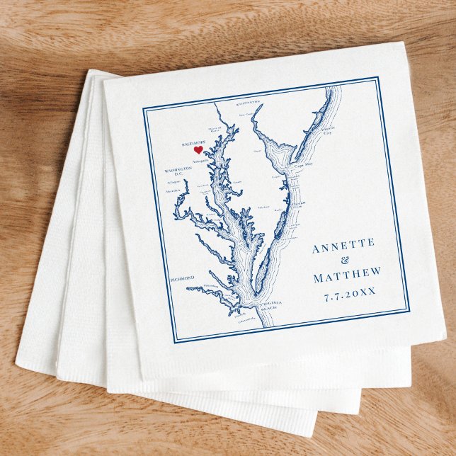 Baltimore MD Chesapeake Bay Karta Elegant bröllop Pappersservett (These Baltimore Maryland Map napkins are perfect for your Chesapeake Bay Destination Wedding)