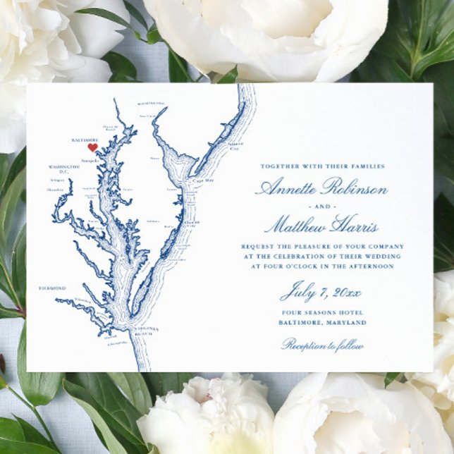 Baltimore MD Chesapeake Bay Karta Navy Blue Bröllo Inbjudningar (Elegant Baltimore Maryland map wedding invitation with navy blue map of the Chesapeake Bay)