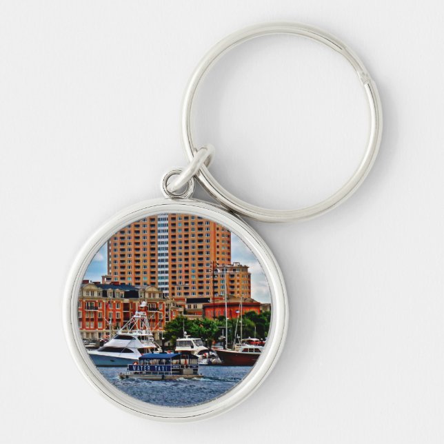Baltimore MD - Inner Harbour Vatten Taxi Rund Silverfärgad Nyckelring (Framsidan)