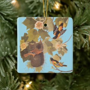 Baltimore Oriole Audubon Bird Family med bo Julgransprydnad Keramik